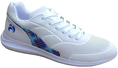 Henselite HL74 Ladies Lawn Bowling Trainers, White Tartan, Lace-Up, Lightweight Non-Slip Sole (White & Tartan, UK Footwear Size System, Adult, Women, Numeric, Medium, 5)