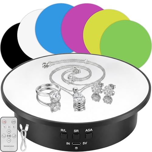 Drehteller Elektrisch, 25cm Drehscheibe mit Fernbedienung, 6 Hintergründen, 3 Geschwindigkeit, 90°/180°/360° Rotation,Tragkraft 8kg, Motorisierter Drehteller für Produktfotografie & Live-Video