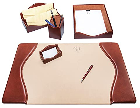 Set da Scrivania 5 Pezzi - 100% Pelle Pieno Fiore, Aspetto Naturale - Fatto a Mano in Italia da Artigiani - Elegante e Funzionale, ideale per l'Ufficio - Marrone