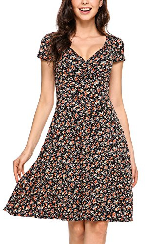 Beyove Vestido de verano para mujer hasta la rodilla con escote en V, vestido floral línea A de manga corta, vestido de jersey de verano, vestido cruzado de playa, M