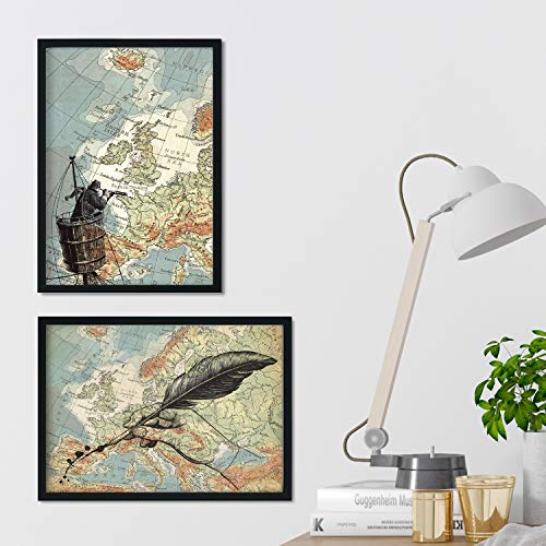 Nacnic Vintage Landkarten Poster. Vintage Stil Wanddekoration mit Schiff und Füller über Europa. Verschiedene bunte Bilder ohne Rahmen. Größe A4.