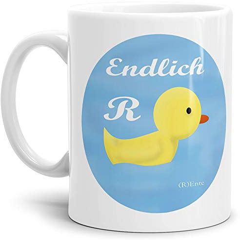 Geschenk-Tasse zum Ruhestand mit Spruch: Endlich (R) Ente/Rente/Rentner/Pension/Abschieds-Geschenk/Weiss