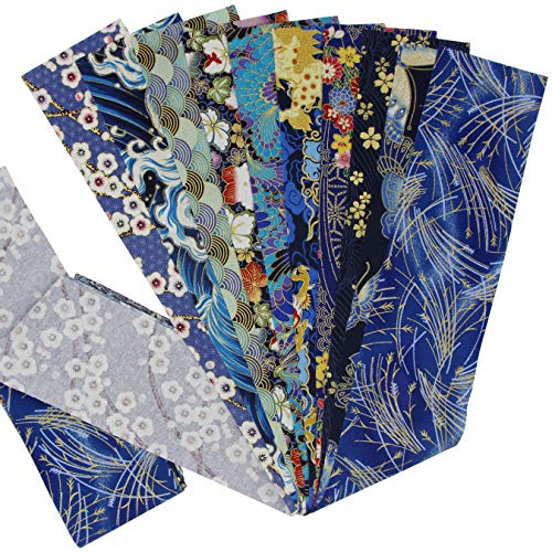 aufodara 10 st bunt i japansk stil, tryckt guldmönster bronstyg, 7,5 x 100 cm, bomullstyg remsor för hantverk, sömnad, quiltning, gör-det-själv, konsthantverk, handarbete (marinblå, blå)