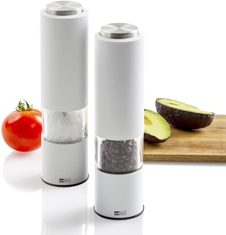 AdHoc Tropica Elektrische Pfeffer- & Salzmühlen, 2er Geschenkset | Mit CeraCut Keramikmahlwerk, LED-Licht, Aromaschutzkappen, stufenlos verstellbar fein bis grob, Weiß