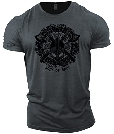 GYMTIER Sons of Odin - Casco Vikingos - Camiseta de Gimnasia para Hombre Entrenamiento de Culturismo Ropa Superior de Levantamiento, Gris, XXL