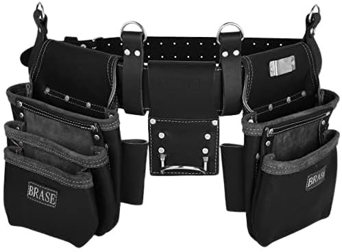 Brase 17 Pocket Black Leather Tool Belt Bag for Men and Womens Heavy Duty Tool Storage Organiser with Hammer Holder, Adjustable Waist Holder Bag for Professional Work.