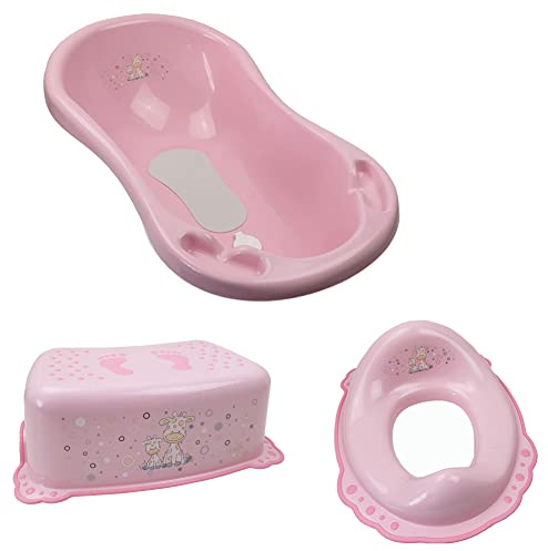 Baby Badeset Badewanne mit Abfluss Schemel Toilettentrainer rosa