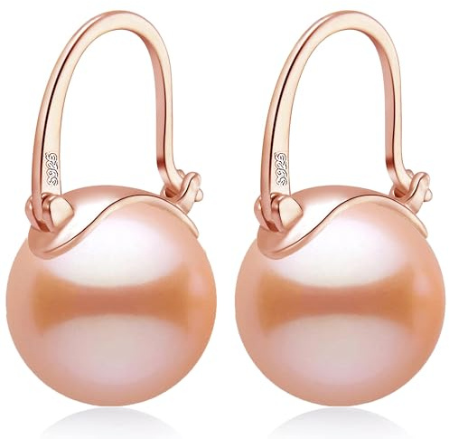 HUGE TOMATO Rosa Champagne Drop-örhängen, 14 mm Elegant Big Pearl Örhängen 925 Sterling Silver Rose Gold Pläterad Spänne för Dammode, Dingle Hoop Örhängen för present