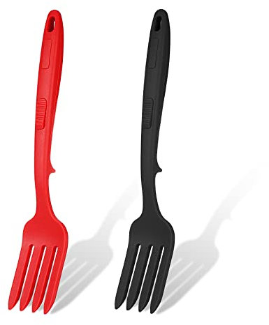 KINBOM 2 Piezas Tenedor de Cocina Silicona Tenedores Flexibles Resistente al Calor Multifuncional Antiadherente Tenedor para Mezclar para Utensilios de Cocina Revolver Mezclar Hacer Puré (Rojo, Negro)