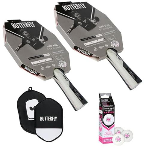 Butterfly Timo Boll Tischtennis Set Diamond | 2X TT-Schläger + Hülle + 3X Bälle | Tischtennisset | ITTF Wakaba Belag | für routinierte Vereinsspieler