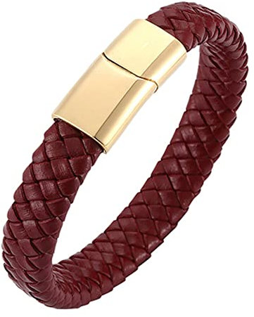 Ayoiow Männer Armband Indianer, Armband Metall Männer Leder Armband Schwarz Dunkelrot Geflochten Armband mit Gold Schnalle