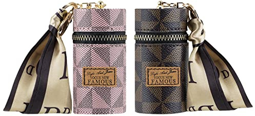 Adorila 2-Pack Zippered Lipstick Case Keychain with Scarf Charm, Mini Vegan Leather Lip Gloss Pouch for Purse (Brown+Pink)