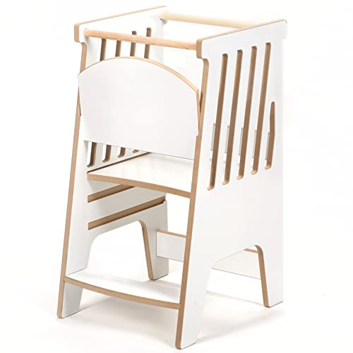 Lernturm Höhenverstellbar Cleo Learning Tower - 82x40x50 cm | Kinderhochstuhl Aufstiegshilfe Kindertritt Kinder Hocker | Montessori Tritthocker | Helferturm Hochstand Kinderhocker (Weiß)