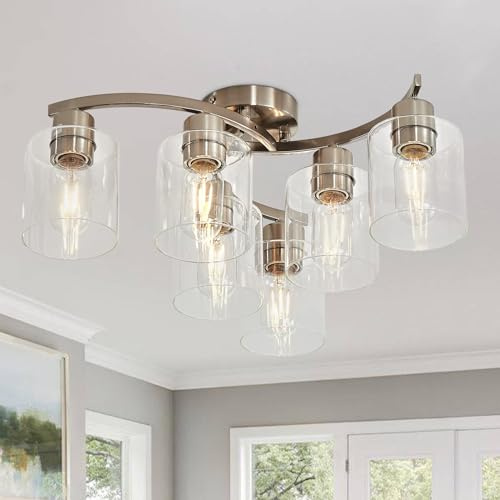 Eatich 6-Light Ceiling Light, Semi Flush Mount Ceiling Light Fixture, Kitchen Lighting Fixtures Ceiling, Brushed Nickel Finish with Clear Glass Shade for Dining Room Bedroom Living Room