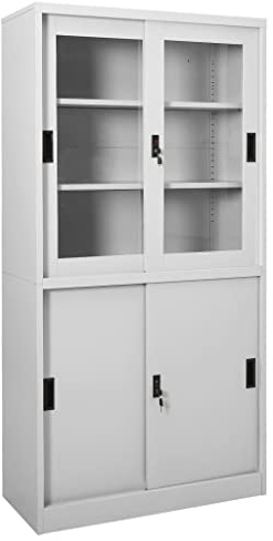 Natulvd Tall Metal Storage Cabinet with Lock Sliding Door, Information Cabinet File Locker with Adjustable Shelves for Home Office Hallway School - Grey