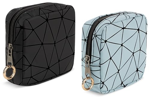 2 Stück Klein Kosmetiktasche Mini Make up Tasche Damen PU Leder Schminktasche Tragbare Mini-Kulturbeutel Wasserdicht für Kosmetikzubehör-Organizer Kulturtasche Geldbeutel für Frauen(Schwarz&Blau)