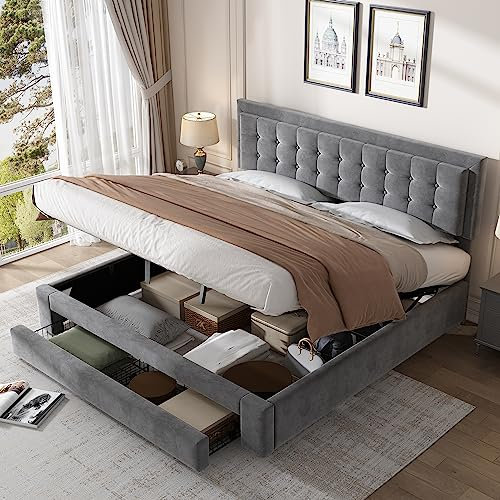 Oyemige Doppelbett 180x200 Polsterbett, Bett mit Schubladen Stauraum, Rückenlehne Bett Jugendbett Stauraumbett mit Lattenrost, Metallbettgestell für Unterbettstauraum, Ohne Matratze, Samtstoff Grau