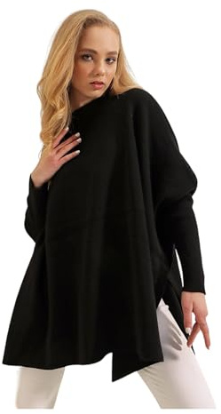 Damen-Poncho mit Rundhalsausschnitt, Fledermausärmel, geteilter Saum, übergroßer Strickponcho, Schwarz, Einheitsgröße