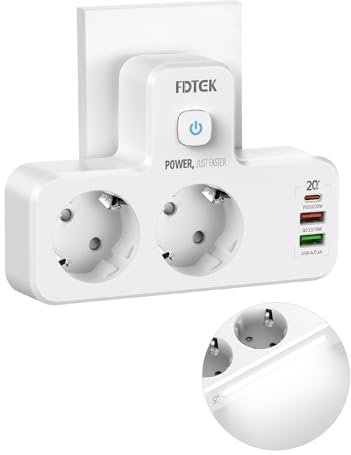 FDTEK Regleta Enchufe con Luz, Ladron Enchufe USB C, Enchufe Multiple con 1 Tipo C (PD 20 W, Carga Rápida) y 3 USB, Regleta Pared con 2 Tomas para Viajar, Casa y Oficina, Blanco