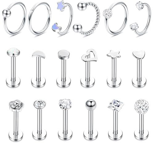 Chriscoco 18Pcs 16G Helix Piercings Chirurgenstahl Tragus Piercing Silber Piercing Ohr Labret Piercing Knorpel Cartilage Piercing Conch Piercing Medusa Piercing Lippenpiercing Septum Piercing Set