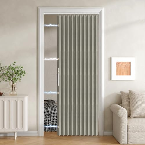 Jilron 100% Blackout Fabric Folding Door Curtain with Magnetic Closure - Accordion Style for Sliding Doors, Closets,Wardrobe and Temporary Door Solutions Doorway Curtains（W42 x L78, Grey 1 Panel）
