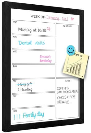 Aitakatta Wöchentlicher Whiteboard-Kalender, trocken abwischbar, 39,9 x 30 cm, magnetische Oberfläche, Memoboard, minimales Design, Wochenplaner für Wand, schwarzer Holzrahmen, trocken abwischbare
