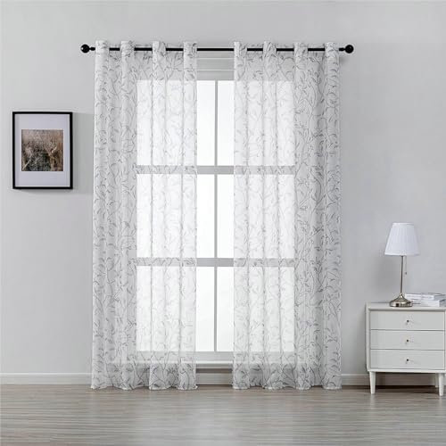 Daesar Vorhänge Lichtdurchlässig mit Ösen, Vorhänge 2er Set Bedruckt mit Vögel und Bäume Motiv Gardinen Halbtransparent Küche Wohnzimmer 137x274CM