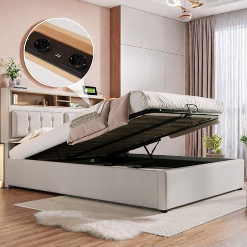 Sapgaks Bett 160x200 Polsterbett Doppelbett mit USB C Steckdose Ladefunktion Kopfteil, Stauraumbetten Bettgestell aus Leinenmaterial Jugendbett 160x200 mit lattenrost, Beige(Ohne Matratze)