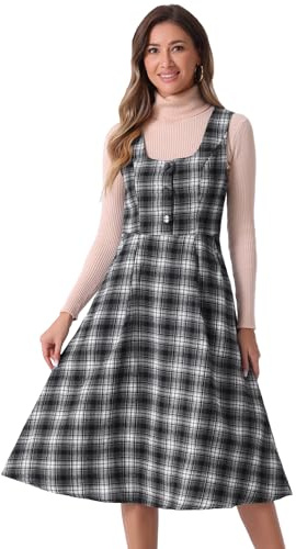 Allegra K Damen Kariertes Vintage Kleid Ärmellos Hohe Taille A-Linie Midi-Latzkleid mit Tasche