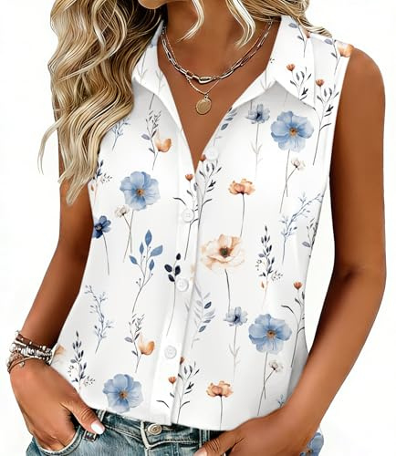 Zeagoo Women Tops Wrinkle Free Button Down Shirts Sleeveless Formal Work Dress Blouses Tops Floral Printed Clothing