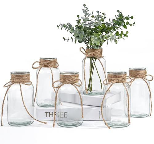 Vintage Glass Vases for Flowers, Set of 6 Clear Vases for Farmhouse Wedding Centerpiece Cylinder Bottle for Reception Table Decoration Home Decor Floral Arrangements
