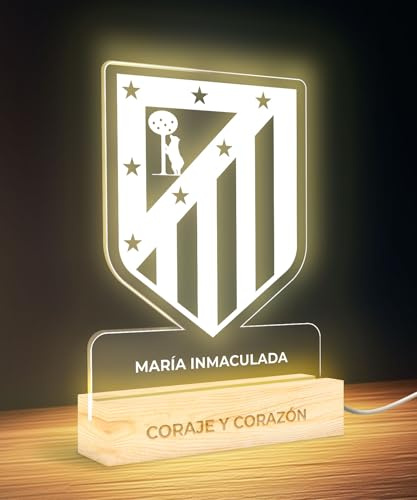 Panorama Fútbol Lampara de Mesa con Escudo Atlético de Madrid 15x22 cm - Lamparas de Mesita de Noche - Luz Nocturna Infantil con Luz Led USB - Regalo Comunión Personalizado