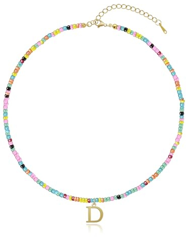 Yifnny Bunte Perlenkette mit Buchstaben, Niedliche Halskette Goldfarbener Initial-Anhänger Halskette Bohemian Initial Halskette Bunte Perlenhalskette Strand-Schmuck für Frauen (D)