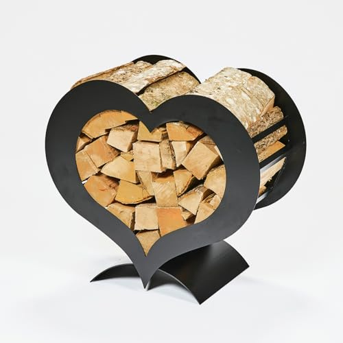 Gruber, Herz-Holzständer, schwarz, Dekoratives Kaminholzregal aus pulverbeschichtetem Stahl, stilvolles Brennholzregal für Innen- und Außenbereiche, 36 x 67 x 62 cm, ohne Holz geliefert