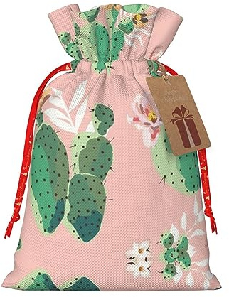 HJLUUFT Geschenktüte mit tropischem Kaktus-Druck, mit Kordelzug und Geschenkanhänger, Jutebeutel, Hochzeit, Weihnachten, Partygeschenk