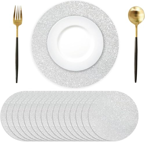 50 Stück Silber Papier Platzsets rund, 35 cm, Glitzerpapier-Tischsets Silber, rund Einweg-Tischsets Dekorative für Esstisch, Hochzeit, Geburtstag, Party, Weihnachten