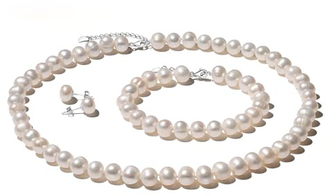 YAMI set di perle (collana + bracciale + orecchini), perle d'acqua dolce coltivate (7-7,5 mm). Ipotallergenico. Argento sterling 925. Un regalo di nozze esclusivo per la sposa. 45 + 5 cm.