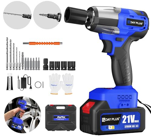 Cordless Impact Wrench, 1/2 inch Brushless Power Impact Gun, 3200RPM Electric Impact Wrench, Max Torque 450N.m with 4 Sockets, 12 Drill Sets, 6.0Ah Battery, Fast Charger & Carry Box for Car Home