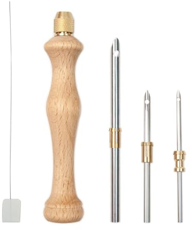 Herramienta de aguja de punzón, mango de perforación de aguja de acero sin aguja fácil con mango de madera para el, herramienta de tejido de ajuste creativo multifuncional para costar