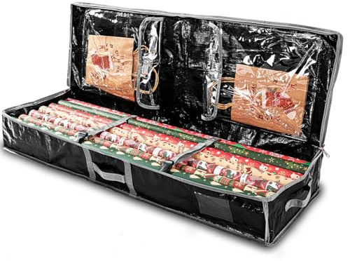 Geschenkpapier Aufbewahrung, Geschenkpapier Organizer, mit 3 Fächern, Kann 18-24 Rollen, Weihnachts dekoration sverpackung spapierbox Halten, verwendet für Weihnachtsdekoration und Lagerung (Schwarz)
