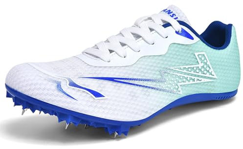 Hiuzylqx Leichtathletik Spikes Schuhe Herren Damen-Mittelstrecken-Laufschuhe Jugendsportschuhe Für Jugendliche, Jungen Und Mädchen,White Blue,34 EU