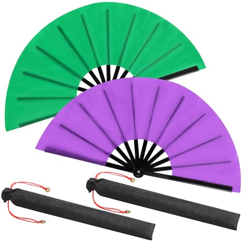 Maitys - Paquete de 2 abanicos grandes plegables de mano, abanico chino de 33 cm para baile en línea, Tai Chi, festival, Kung Fu, artes marciales, regalo, incluye 2 fundas (púrpura y verde)
