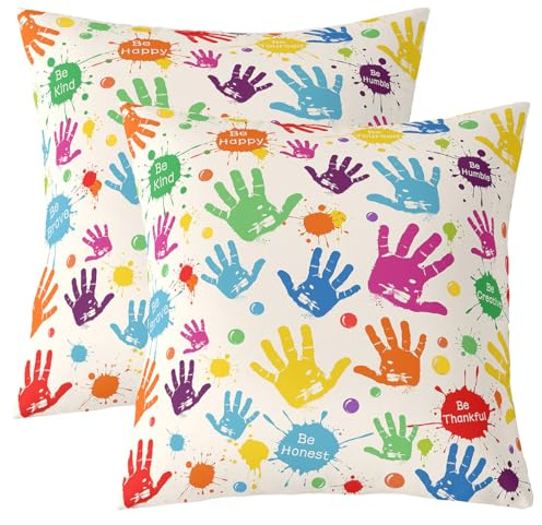 Erosebridal Handprints Throw Pillow Covers 18x18 Inch Set of 2,Colorful Rainbow Handprints Pillow Covers,Modern Creative Fingers Dots Decorative Square Pillow Cases,Inspirational Motto Cushion Cases