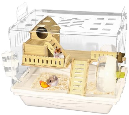 JIEBWCHA Cage du Hamster, 37x30x28cm Cage Claire De Hamster, Habitat Clair du Ham Ster, 2 Étages Maison De Jeu pour Gerbiles, Stockage Compact Et Grande Circulation d'air, Acrylique Boîte d'ours Doré