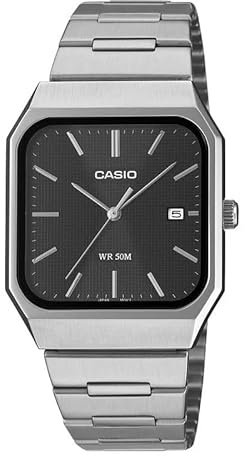 Casio Standard Unisex Black Silver Quartz Watch MTP-B185D-1AVDF, Stainless Steel Bracelet, Date Display, 50m Water Resistant