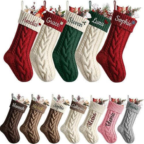 Heflashor Weihnachtsstrumpf Personalisiert 46cm Große Gestrickte Nikolausstrumpf mit Namen und Icon für Familien Geschenk Feiertags Party Weihnachtsdeko,Verdreht gestrickter,2PCS