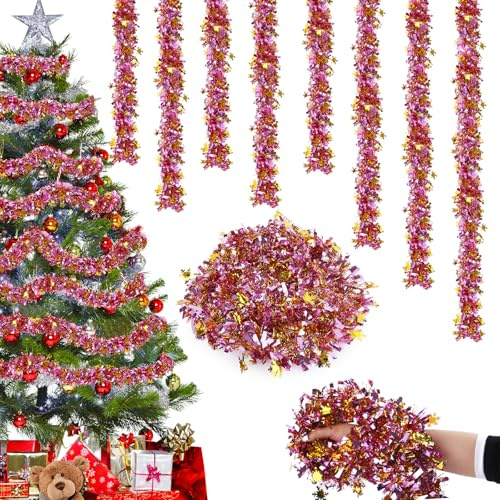 Christmas Tinsel Garland with Snowflake- 6PCS Pink Gold Christmas Tree Tinsel Decorations, 12M Xmas Metallic Shiny TinseL Garland Hanging Xmas Decoration for Indoor Outdoor Birthday Party Wedding