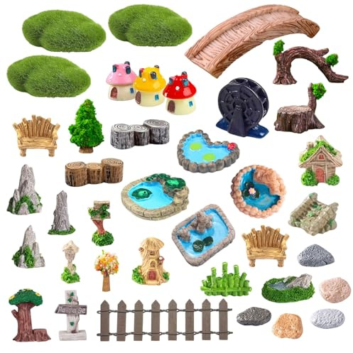 Xerteam Lot de 37 accessoires de jardin féérique, décorations miniatures en résine, étang de rivière et figurines de maison pour loisirs créatifs, jardins, succulentes et bonsaï
