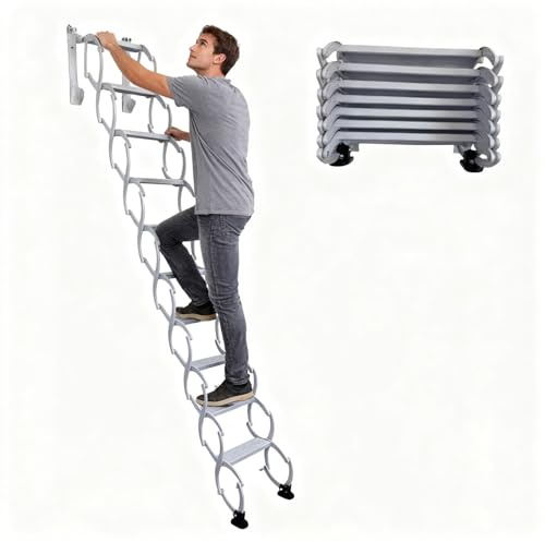 Scala pieghevole retrattile per soffitta, scala pieghevole a parete, con sistema di abbassamento per soffitta, capacità di carico 300 kg, facile da installare, bianca(H280CM/110IN)