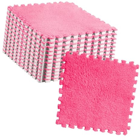 Pssopp Alfombra de Rompecabezas de Felpa Antideslizante, Azulejo Entrelazado de Fácil Instalación, Alfombra de Piso Suave y Acogedora de 11,8x11,8 Pulgadas para Habitación de Niños (Rosa roja)